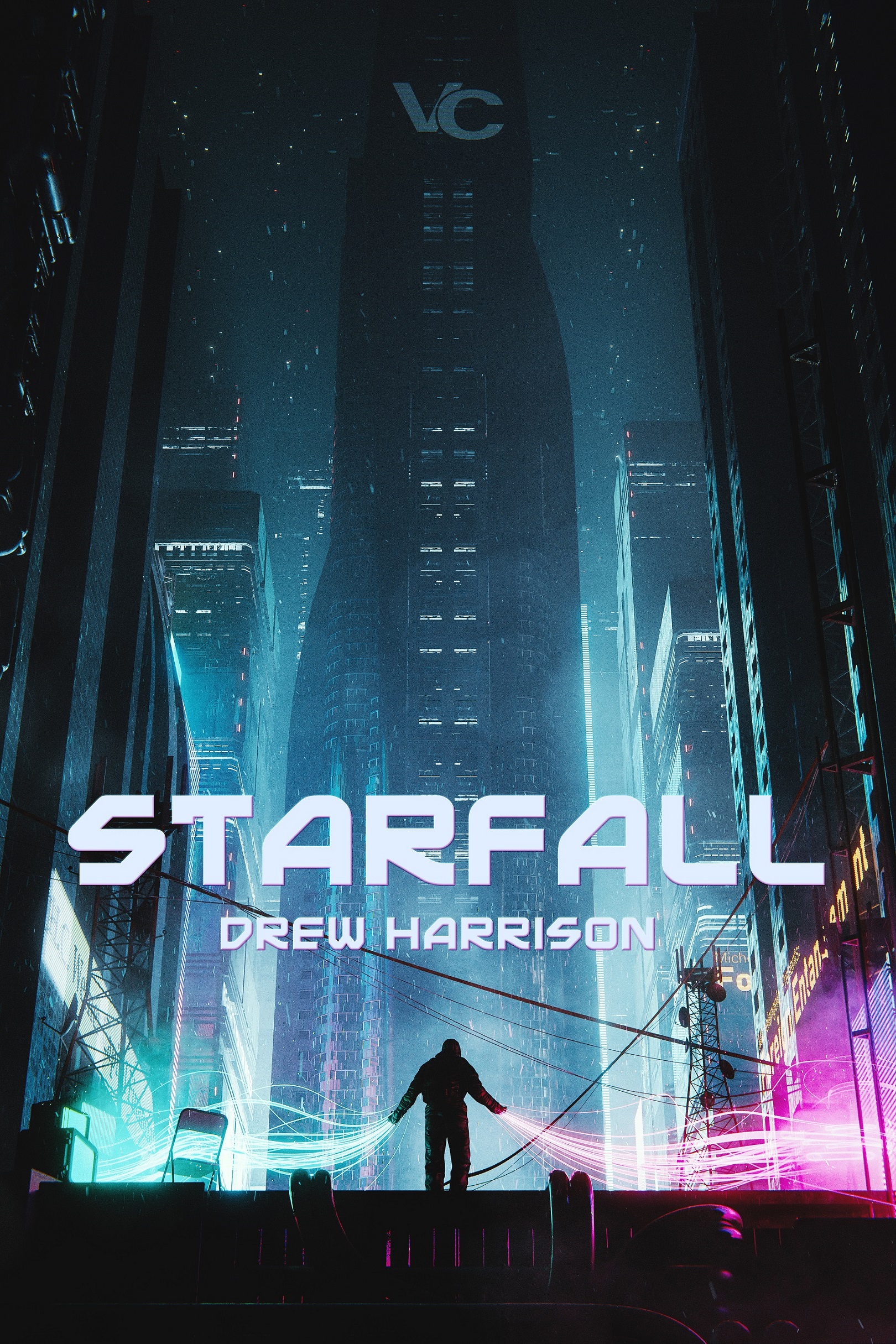 Starfall cover art showing a lone figure in a neon city